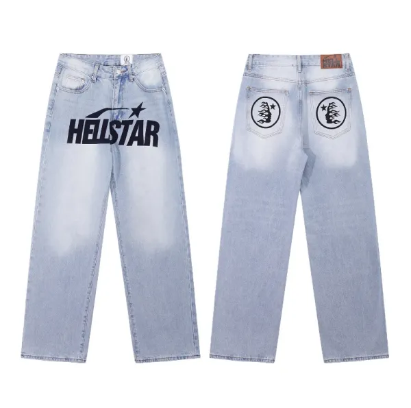 Hellstar Logo Print Light Wash Wide-Leg Jeans - 19