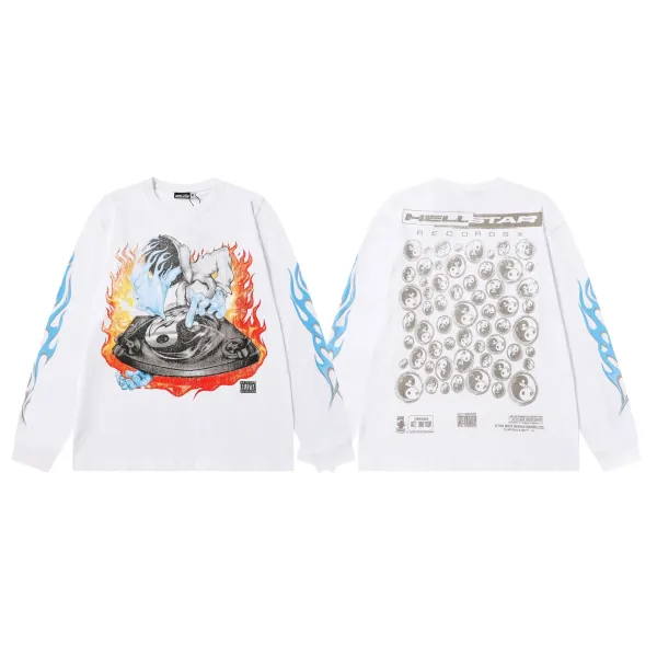 Hellstar Records x DJ Turntable Flame Long Sleeve T-Shirt White - 1