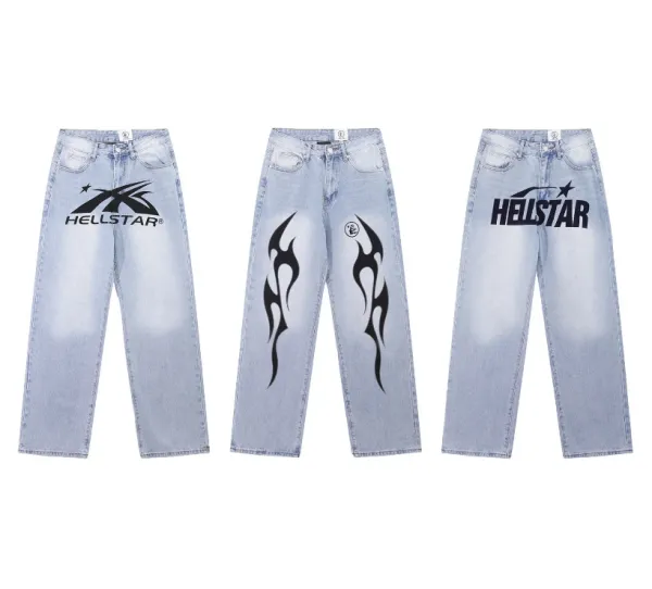 Hellstar Logo Print Light Wash Wide-Leg Jeans - 17