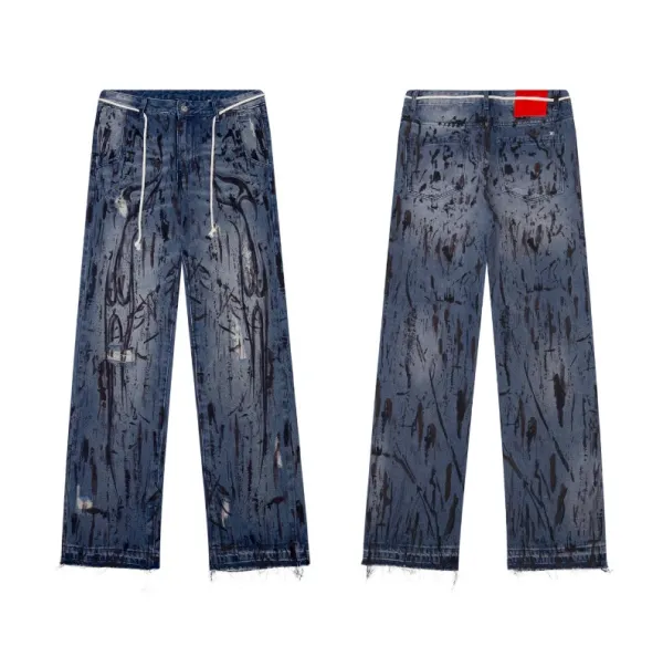 Off-White Distressed Paint-Splatter Wide-Leg Jeans - 1