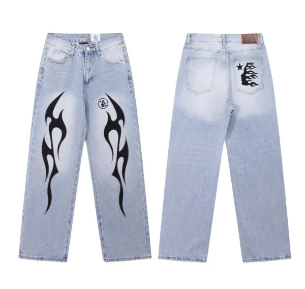 Hell Star Tribal Flame Print Wide-Leg Jeans Light Wash - 1