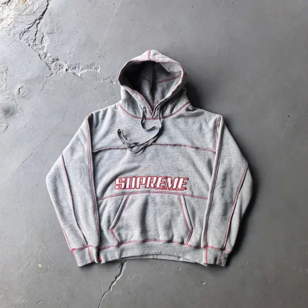 Supreme Box Logo Hoodie Gray with Red Stitching - 1