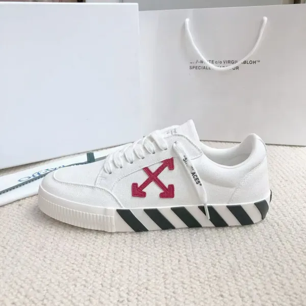 Off-White Diagonal Arrow Canvas Sneakers White with Red Logo and Black Stripes - 1