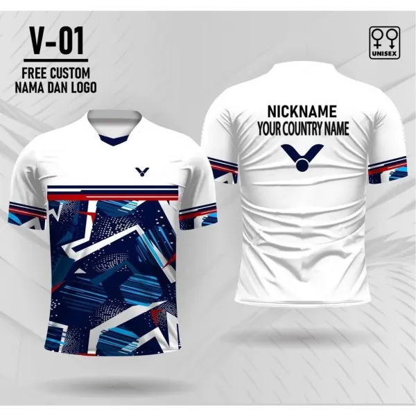 Design Victor V-01 Custom Badminton Jersey White Blue Red Jersey - 1