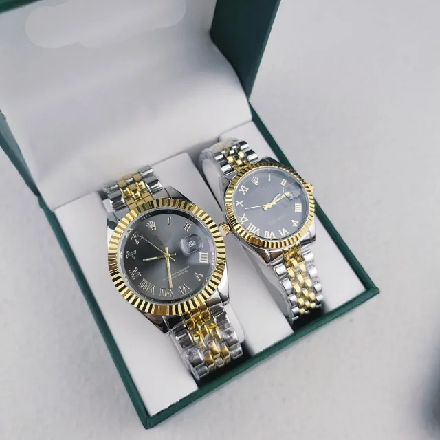 Unbranded Watches Matching Couple's Date with Fluted Bezels and Metal Link Bracelets product detail image 1