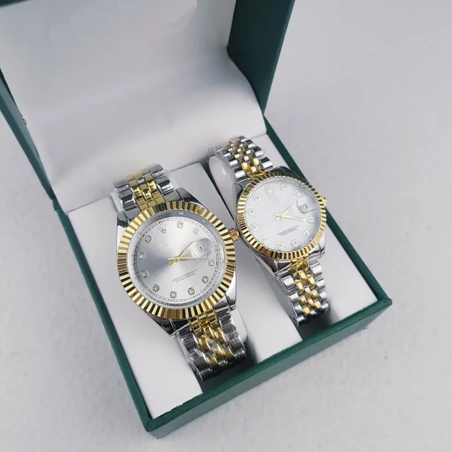 Unbranded Watches Matching Couple's Date with Fluted Bezels and Metal Link Bracelets product detail image 2