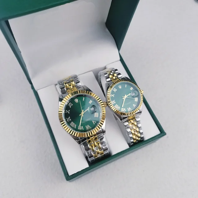 Unbranded Watches Matching Couple's Date with Fluted Bezels and Metal Link Bracelets product detail image 3