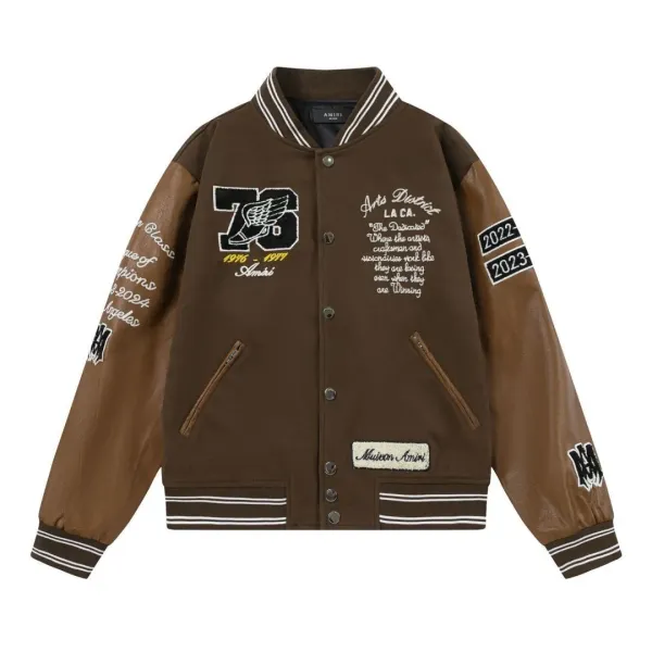 Amiri Varsity Jacket Brown Leather-Sleeve Outerwear Jacket - 8