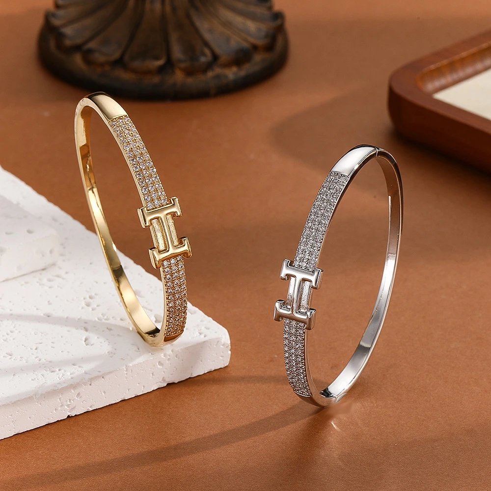 Design Crystal-Embellished Hinge Bangle Bracelet in Gold and Silver Jewelry - 6