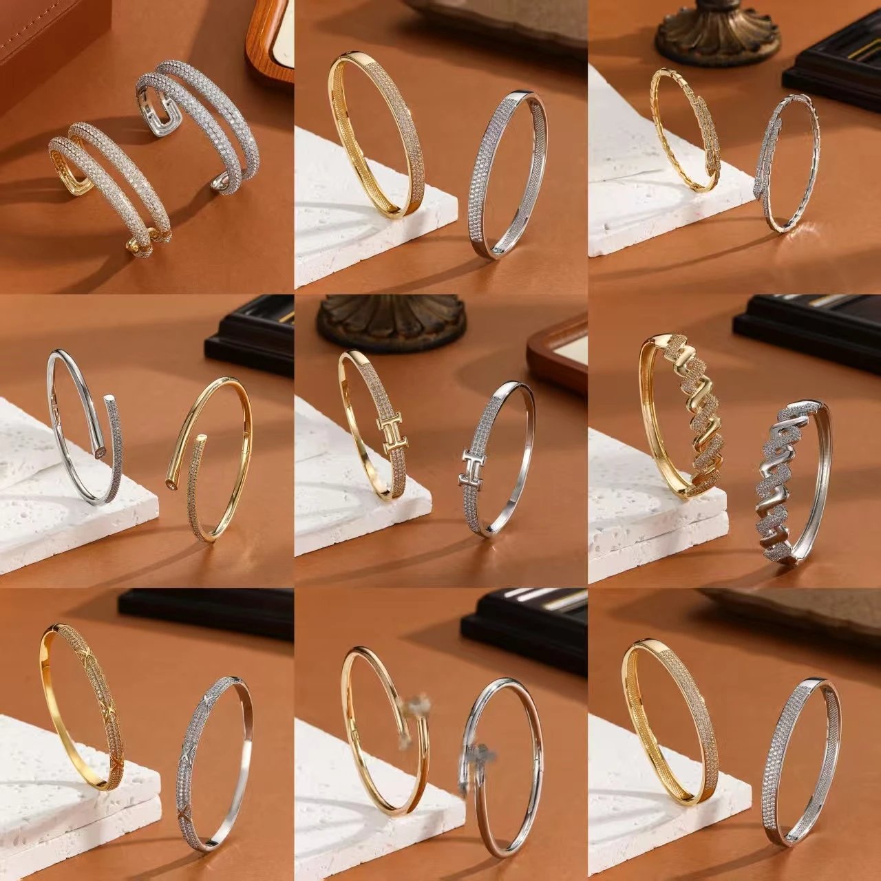 铜镀金银手镯镶锆女款
