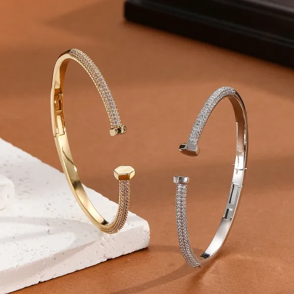 Design Crystal-Embellished Hinge Bangle Bracelet in Gold and Silver Jewelry - 7