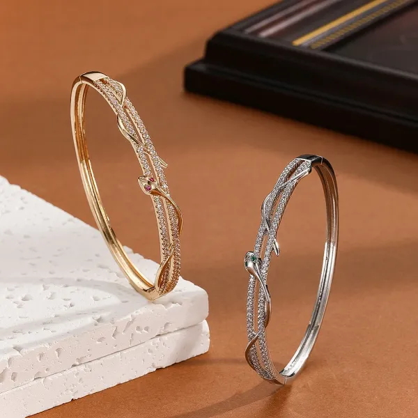 Design Crystal-Embellished Hinge Bangle Bracelet in Gold and Silver Jewelry - 12