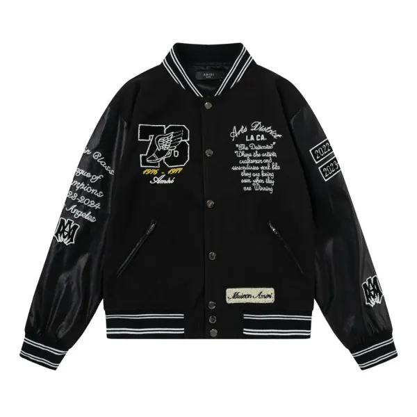 Amiri Varsity Jacket Brown Leather-Sleeve Outerwear Jacket - 6