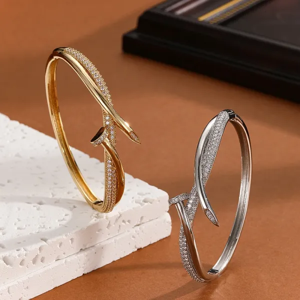 Design Crystal-Embellished Hinge Bangle Bracelet in Gold and Silver Jewelry - 19