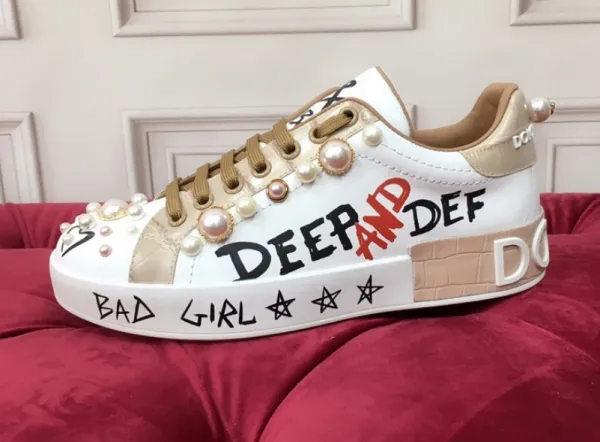 Dolce & Gabbana Deep and Def Pearl-Embellished White Sneakers - 1