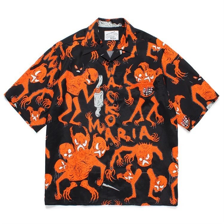 Design Wacko Maria Hawaiian Shirt Black Multicolor Graphic Print Shirt - 11