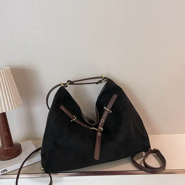 Design Suede Hobo Bag Black with Brown Leather Trim - 1