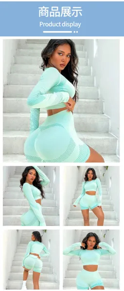 Design Mesh Panel Long Sleeve Crop Top and High-Waisted Shorts Set Light Blue Activewear - 13