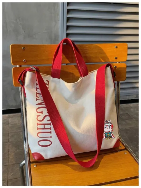 Design ZHENGSHUO Canvas Tote Bag Olive Green with Lion Dance Charm Tote Bag - 15
