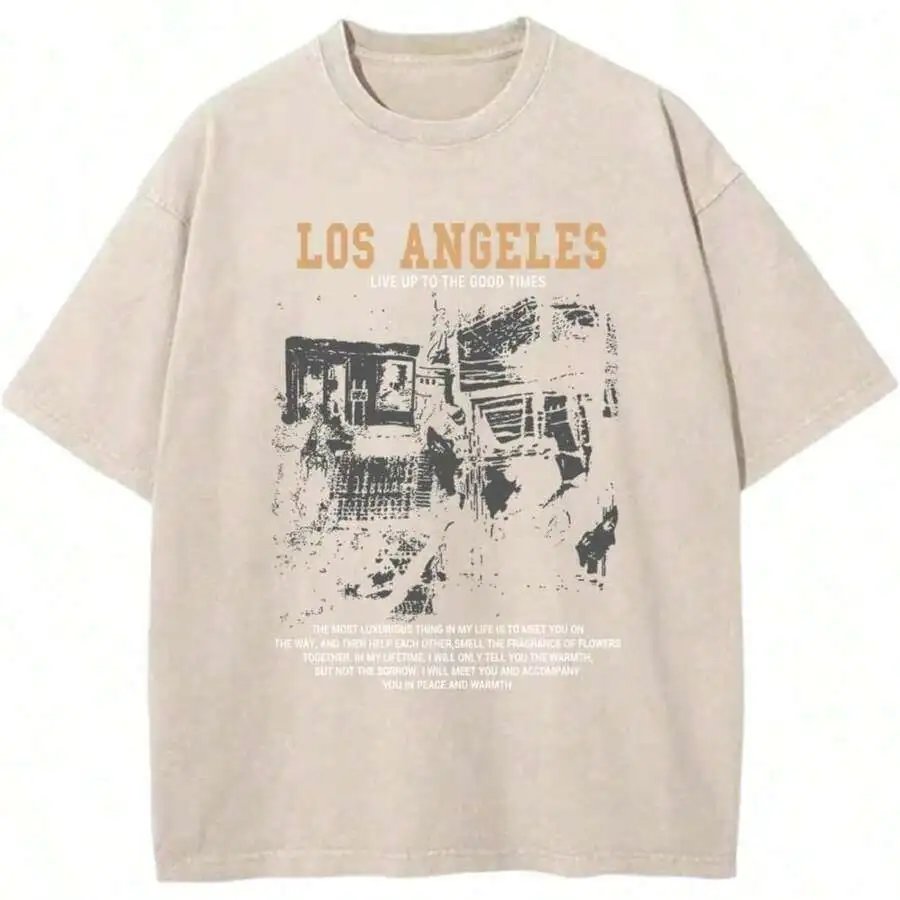 Design Los Angeles Graphic Print Oversized T-Shirt Beige - 10
