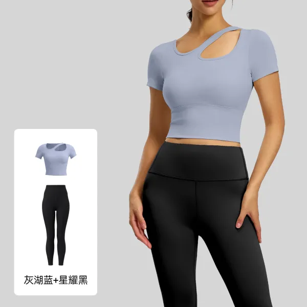 Design Cut-Out Crop Top and High-Waisted Leggings Set - Gray Lake Blue + Star Black Activewear - 1
