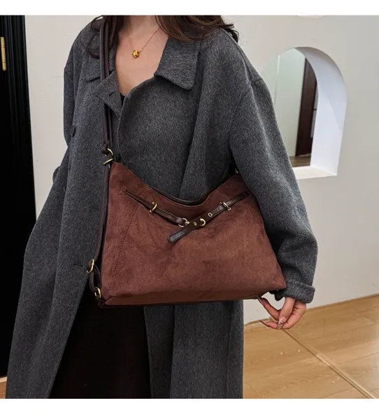 Design Suede Hobo Bag Black with Brown Leather Trim - 13