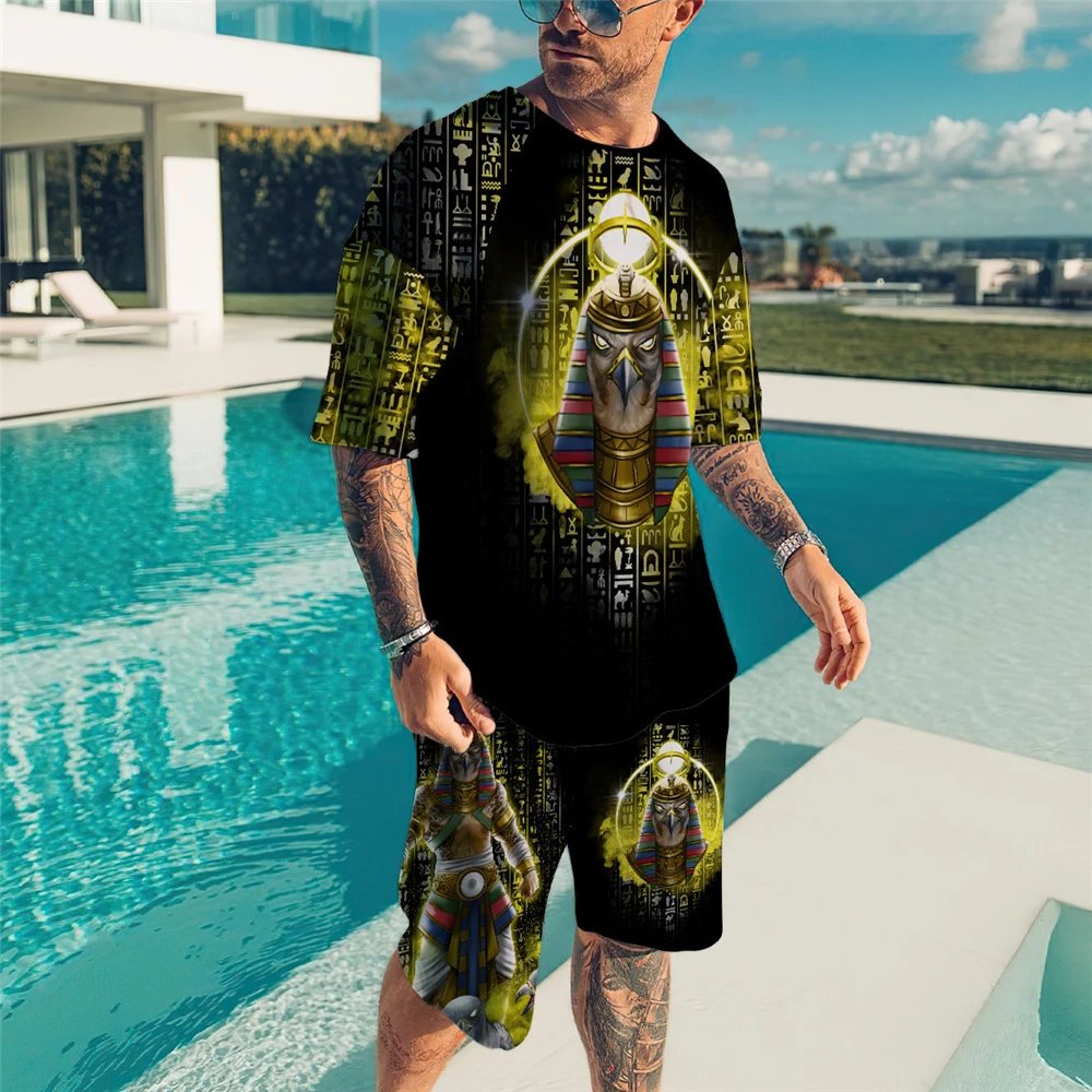 Design Lion Print Graphic T-Shirt with Color-Block Shorts Set - 2