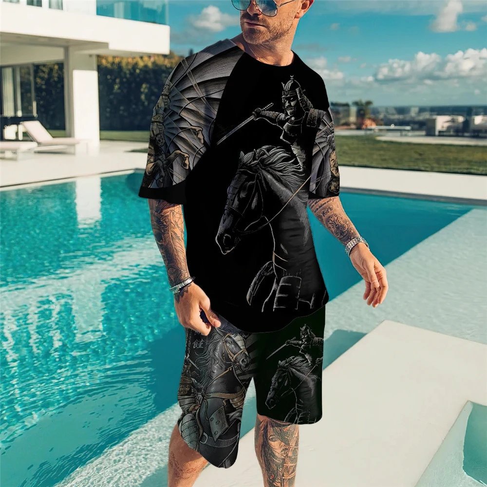 Design Lion Print Graphic T-Shirt with Color-Block Shorts Set - 3