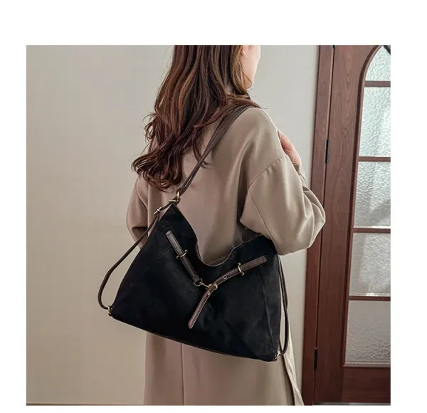 Design Suede Hobo Bag Black with Brown Leather Trim - 15