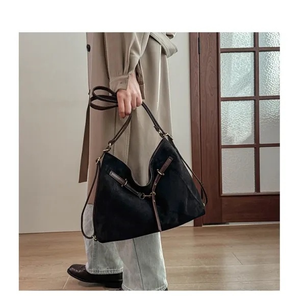 Design Suede Hobo Bag Black with Brown Leather Trim - 16