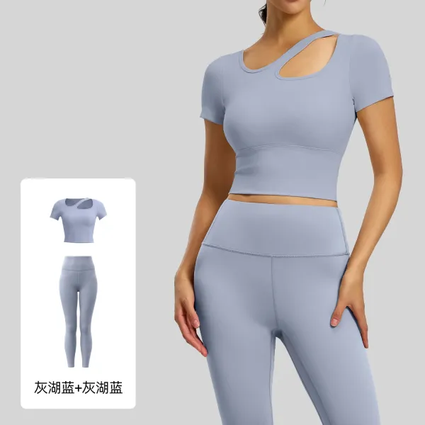 Design Cut-Out Crop Top and High-Waist Leggings Set Gray Blue Activewear - 1