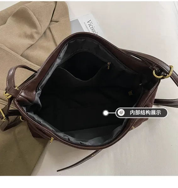Design Suede Hobo Bag Black with Brown Leather Trim - 11