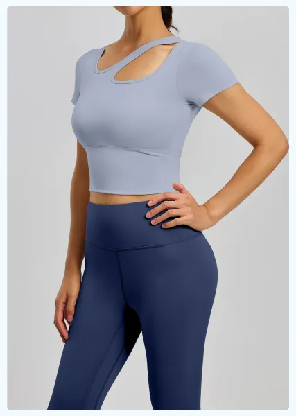 Design Cut-Out Crop Top and High-Waist Leggings Set in Ballet Pink + Gray Lake Blue Activewear - 18