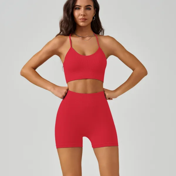 Design Ribbed Cropped Sports Bra and High-Waisted Bike Shorts Set Red Activewear - 1