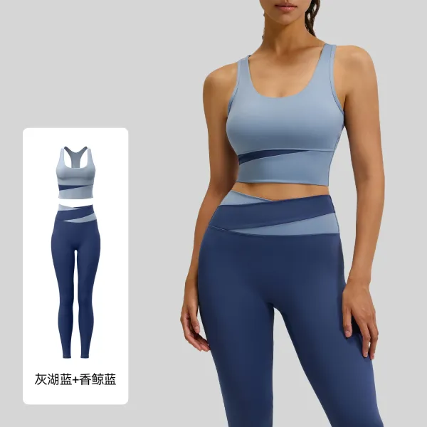 Design Two-Tone Wrap Sports Bra and Leggings Set Gray Lake Blue + Whale Blue Activewear - 1
