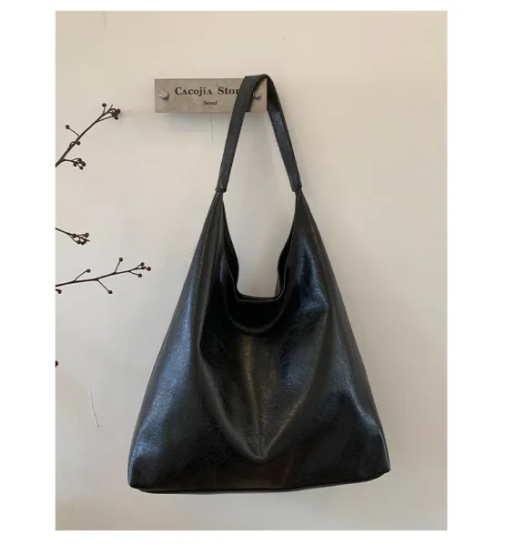 Design Hobo Bag Black Leather-Texture Shoulder Bag - 43