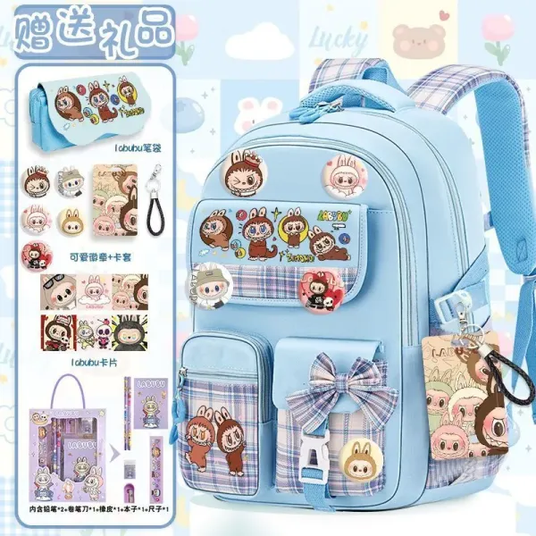 Pop Mart Labubu x Custom Kawaii Plaid Purple School Backpack with Accessories Backpacks - 2