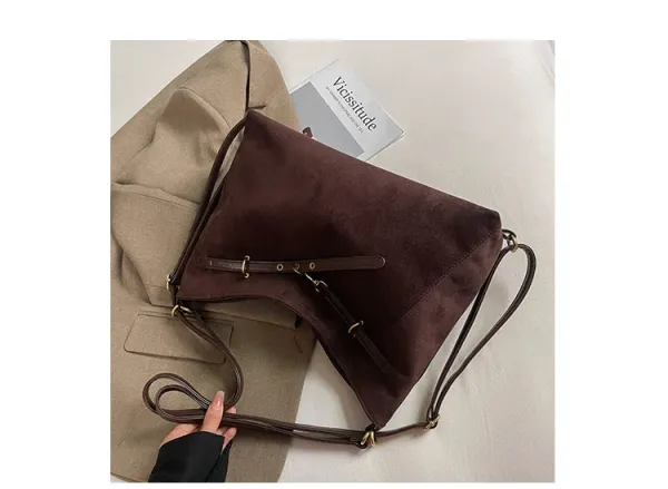 Design Suede Hobo Bag Black with Brown Leather Trim - 37