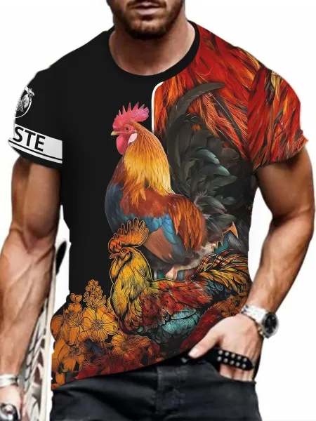 Design Rooster Print Multicolor Graphic T-Shirt - 7