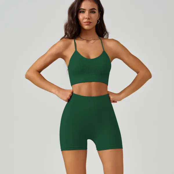 Design Ribbed Cropped Sports Bra and Bike Shorts Set Forest Green Activewear - 1