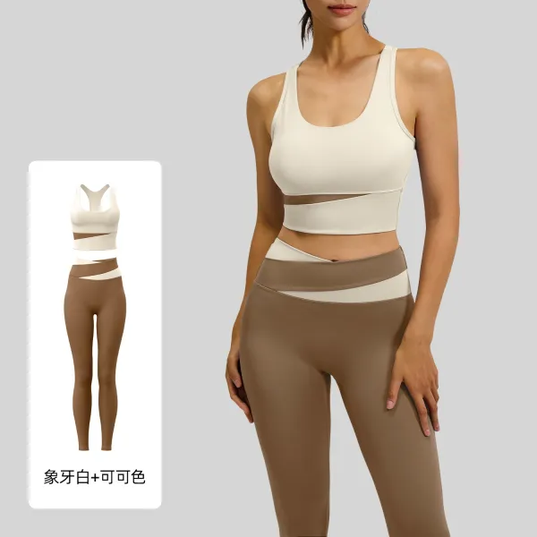 Design Wrap-Around Cutout Sports Bra and Leggings Set Ivory + Brown Activewear - 1