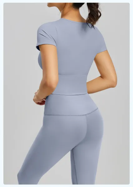 Design Cut-Out Crop Top and High-Waist Leggings Set in Ballet Pink + Gray Lake Blue Activewear - 23