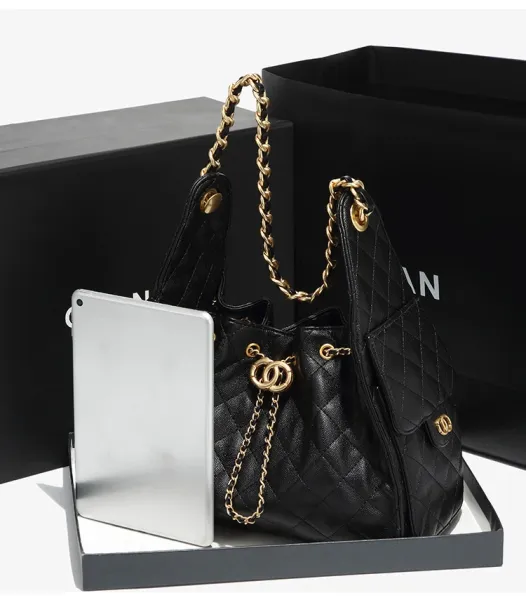 Chanel Quilted Bucket Bag Black with Gold Hardware Handbags - 16