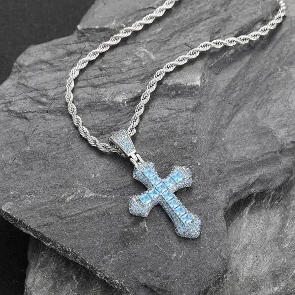 Design Cross Pendant Necklace with Blue Cubic Zirconia and Rope Chain Jewelry - 1