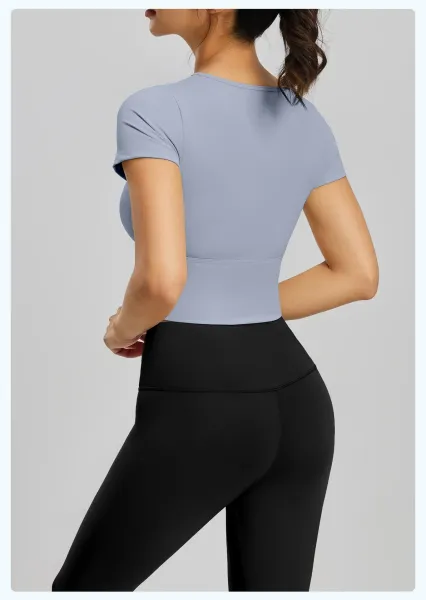 Design Cut-Out Crop Top and High-Waist Leggings Set in Ballet Pink + Gray Lake Blue Activewear - 27