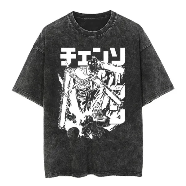 Design Chainsaw Man Graphic Acid Wash T-Shirt - 1