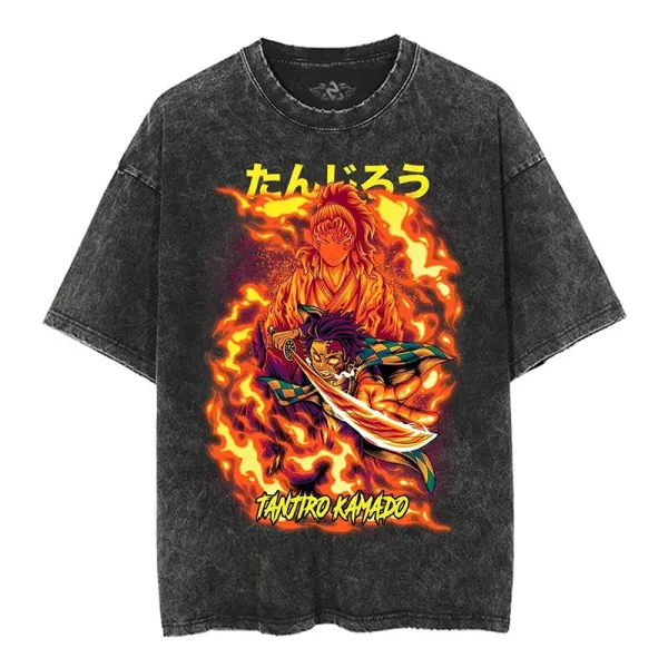 Design Tanjiro Kamado Flame Graphic Oversized Washed Black T-Shirt - 1