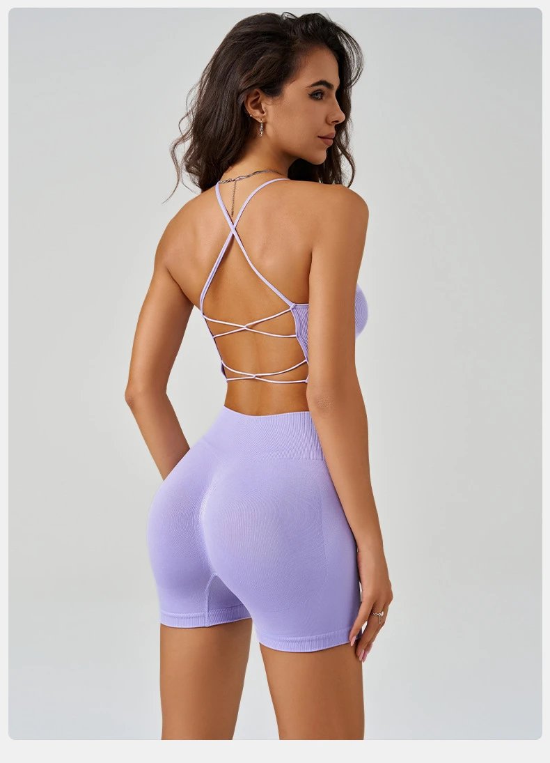 Design Ribbed Sports Bra and High-Waist Bike Shorts Set in Dusty Pink Activewear - 15