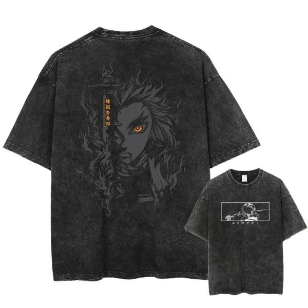 Design Demon Slayer Kyojuro Rengoku Washed Black T-Shirt - 1