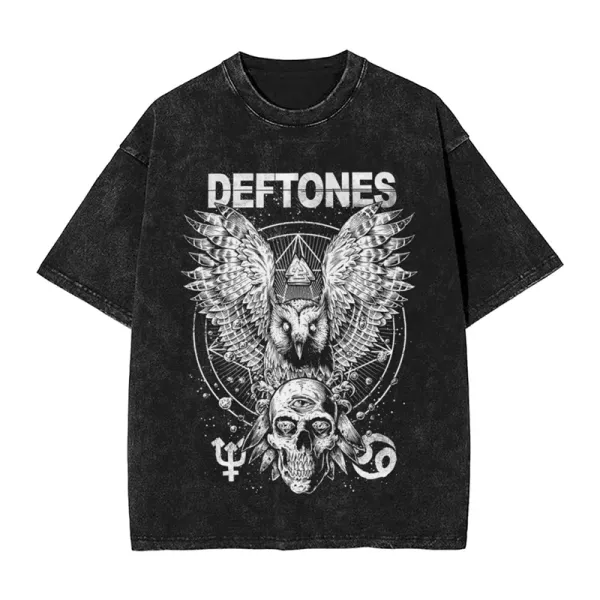 Design Deftones Owl & Skull Graphic Washed Black T-Shirt T-Shirts - 1